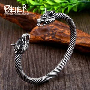 Beier Classic Animal Viking Double Wolf Head Adjustable 316L Stainless Steel Men's Bracelet  Fashion Double Snake Heads Jewelry