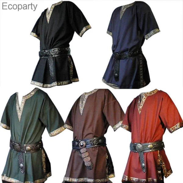 S-6XL Size Halloween Medieval Costume Viking Pirate Shirt Adults Knight Warrior Tunic Norman LARP Tops Short Sleeve For Men 2022