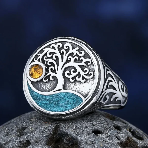 Pattern 2024 New Vintage Viking Tree Of Life Ring With Yellow Zircon EPOXY Anels Anniversary Jewelry For Man Women  Couple Gift