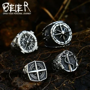 Beier New Store 316L Stainless Steel Viking Cross Compass Runic Pirate Men's Ring Nautical Fashion Jewelry Dropshipping BR8-108R